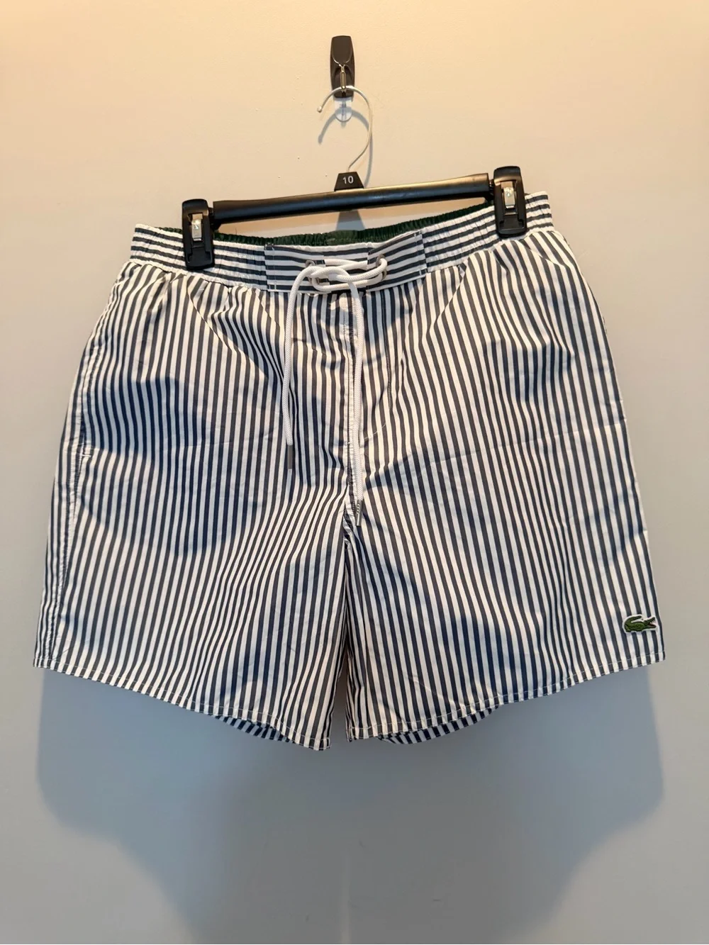 Lacoste Men's Gray/White Stripe Swim Trunks 5” Inseam